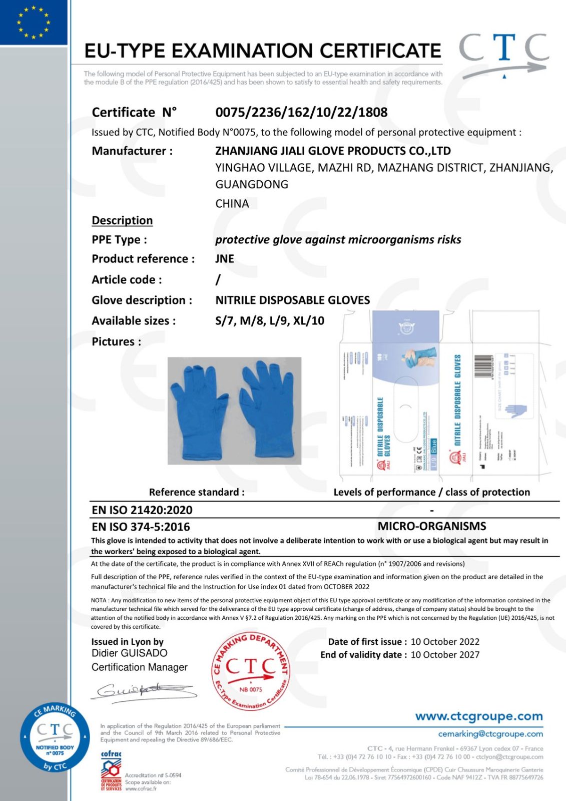 CE EU-Type Examination certificate 0075/2236/162/10/22/1808 for JNE blue nitrile examination gloves, valid through 10 October 2027.