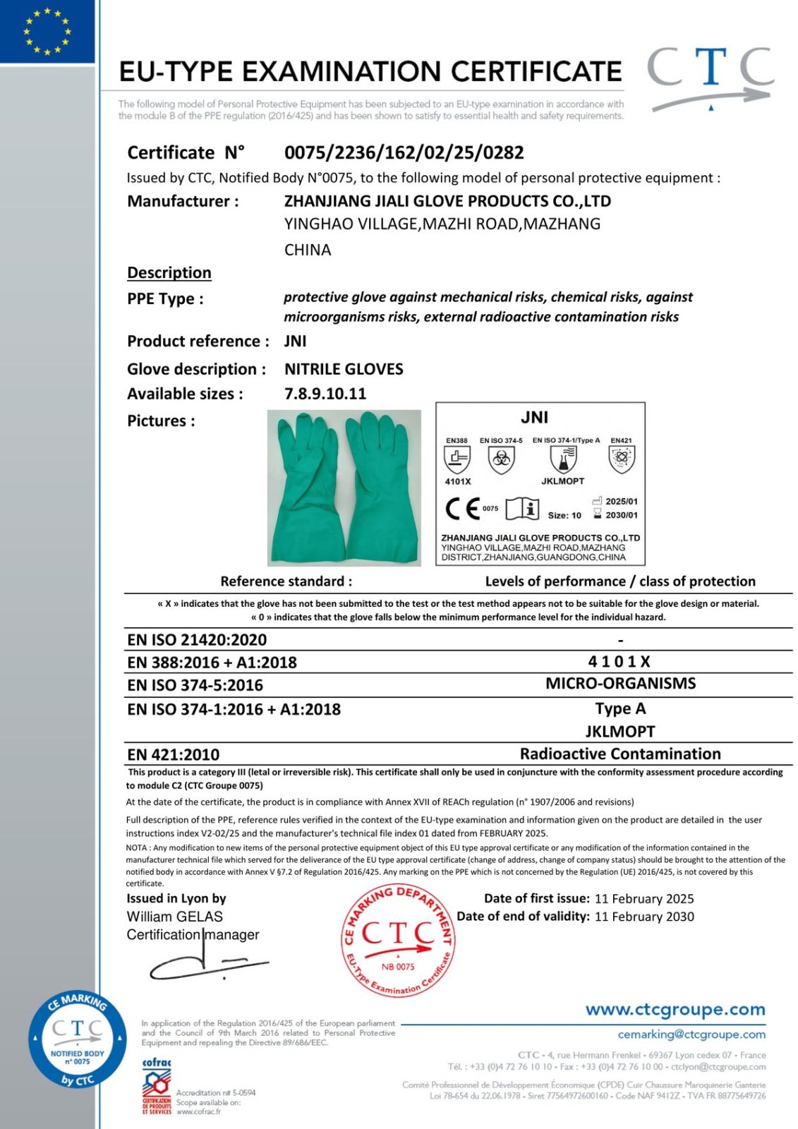 CE EU-Type Examination certificate 0075/2236/162/02/25/0282 for JNI green nitrile industrial gloves, valid through 11 February 2030.