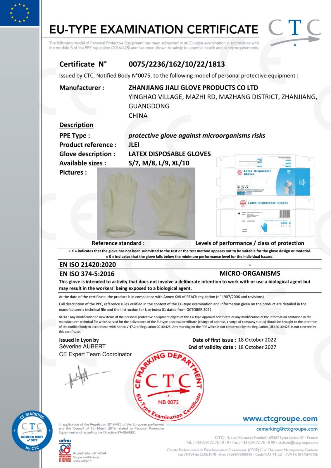 CE EU-Type Examination certificate 0075/2236/162/10/22/1813 for JLEI latex examination gloves, valid through 18 October 2027.