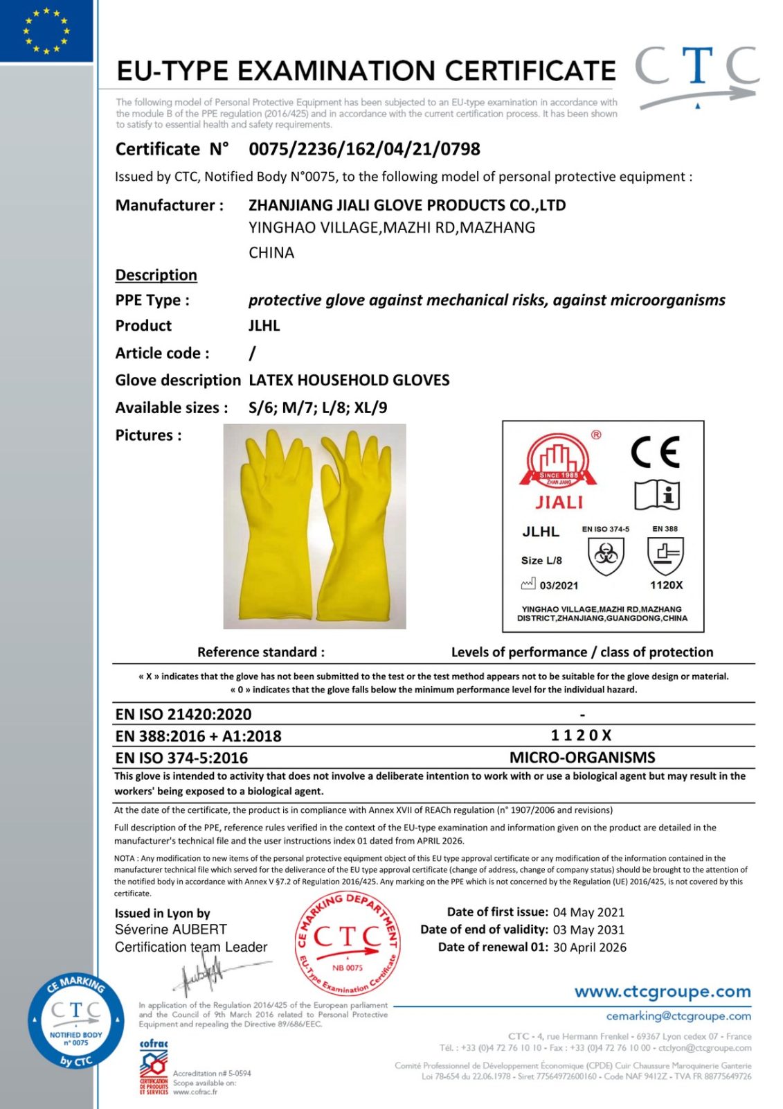 CE EU-Type Examination certificate 0075/2236/162/04/21/0798 for JLHL latex household gloves, valid through 3 May 2031.