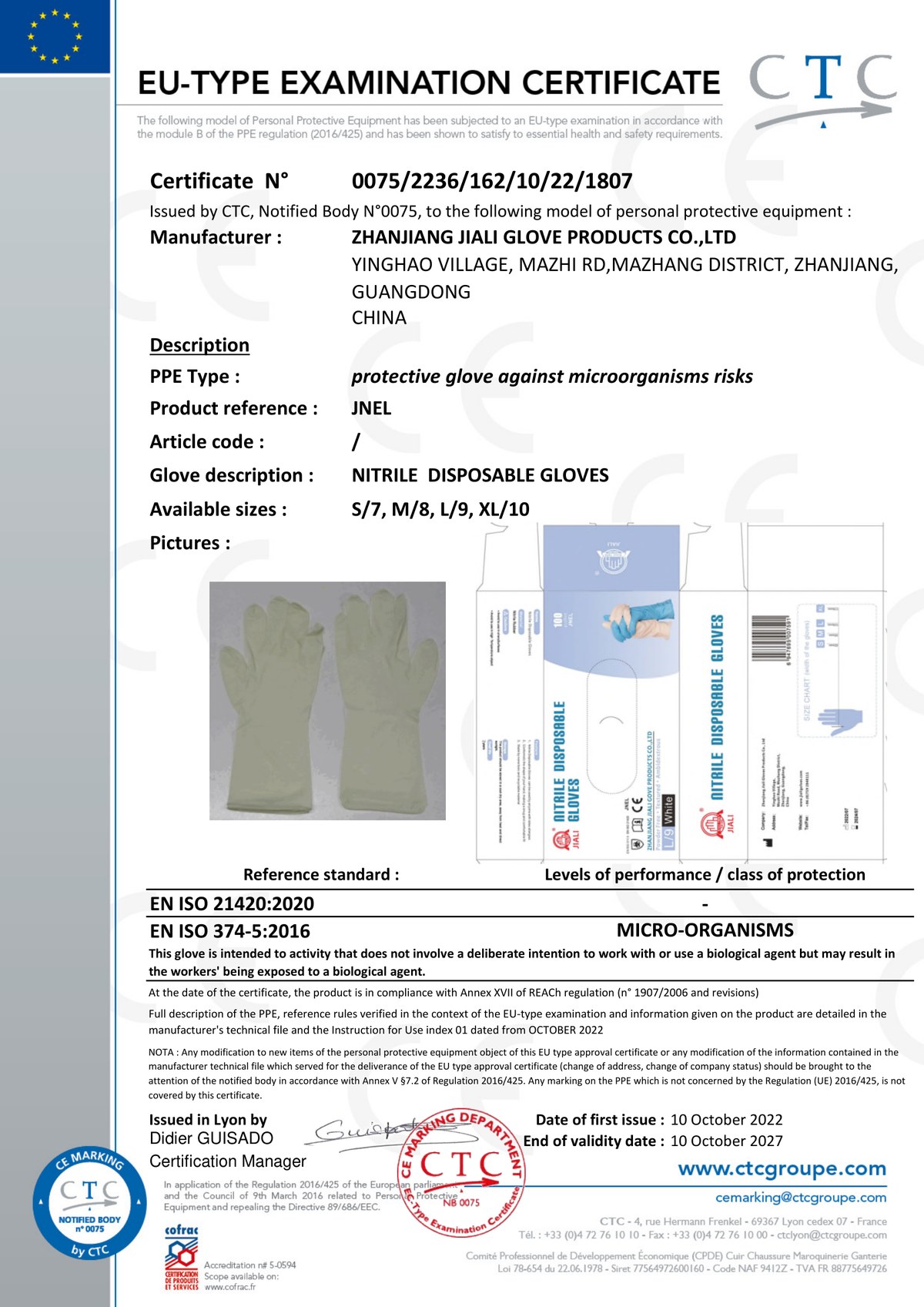 CE EU-Type Examination certificate 0075/2236/162/10/22/1807 for JNEL white nitrile examination gloves, valid through 10 October 2027.