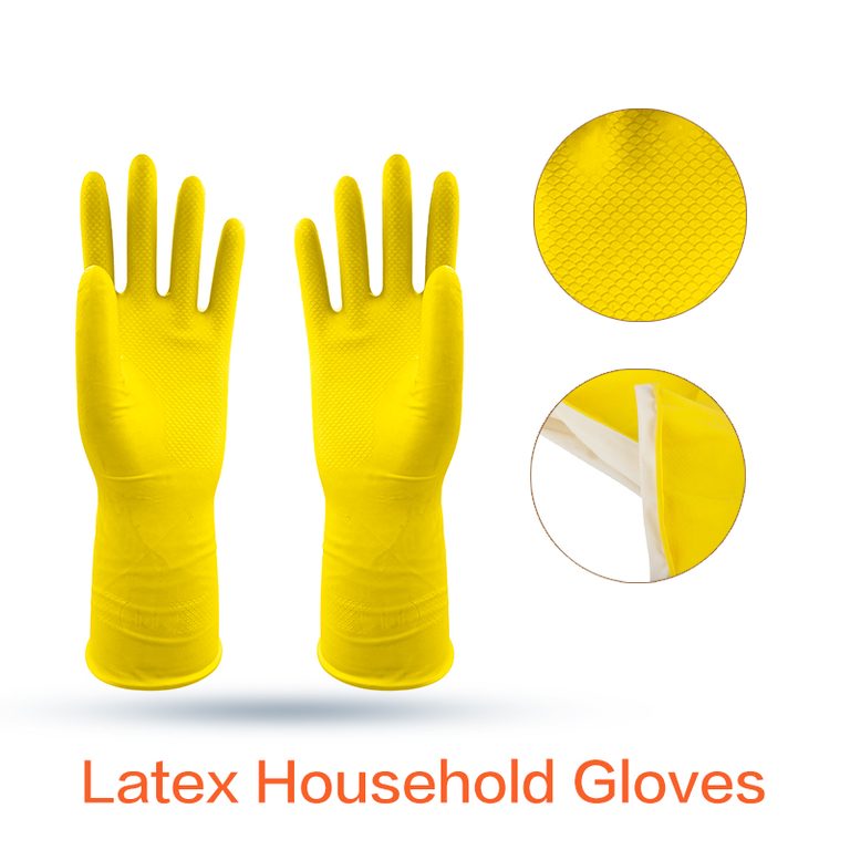 Natural latex household gloves, yellow flock-lined, front and back view