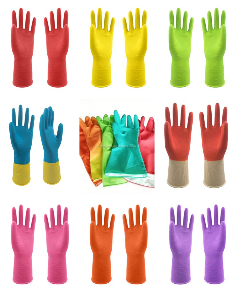 OEM latex household gloves available in yellow, red, and green