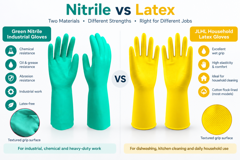 Comparison of green nitrile industrial gloves and JLHL household latex gloves for household cleaning, oil resistance, chemical protection and industrial use